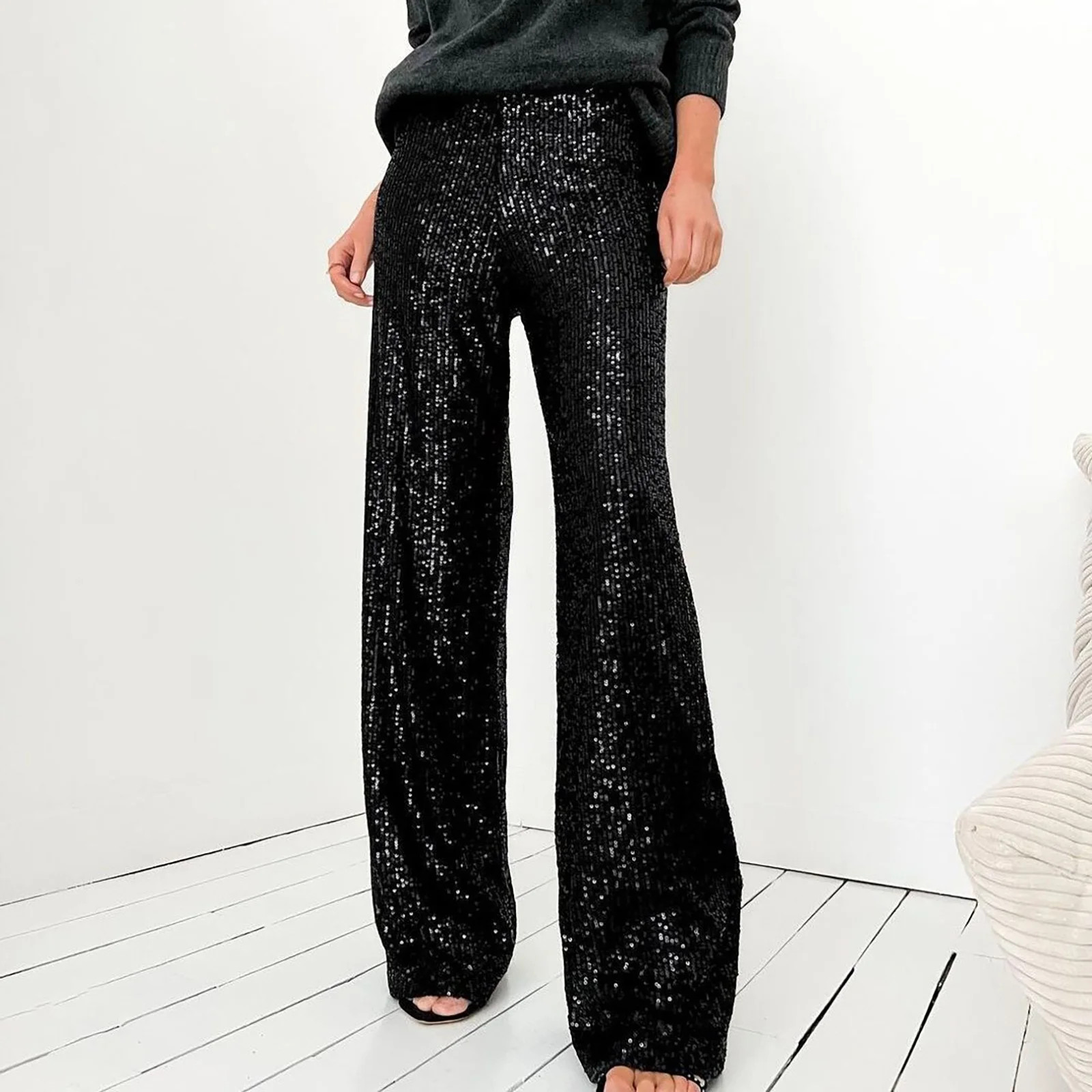 Fulijie Women's Solid Color Sequins Fashion Casual Straight Pants, Sequin Plus Size Pants for Wom... | Walmart (US)