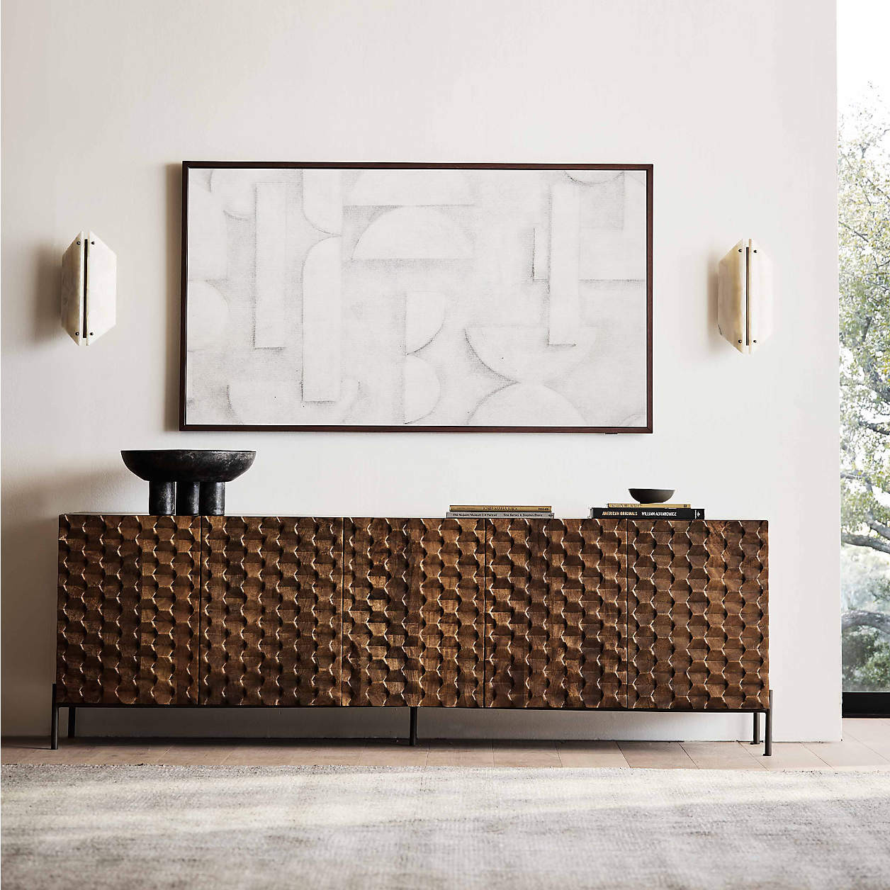 Raffael Carved Wood Media Console/TV Stand with Storage + Reviews | Crate & Barrel | Crate & Barrel