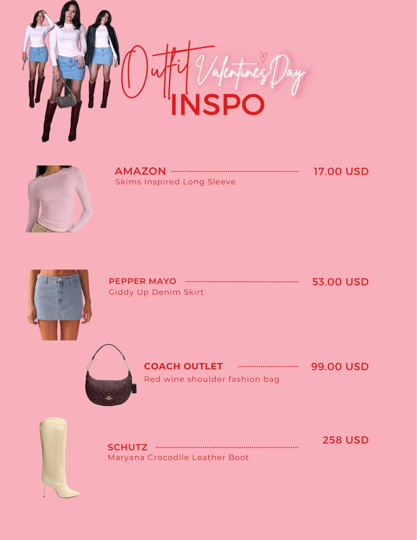 For Valentine's Day, pair a long sleeve modest light pink tee with a denim skirt for a casual yet stylish look. Add a pop of color with red crocodile boots to complete the ensemble. The combination of soft pink, denim, and bold red creates a charming and playful outfit perfect for celebrating the day of love.♥️💌🍫🏹🍓🥀💋
#valentinesdayoutfit 
#datenightoutfit #amazonfinds #comfyandcuteoutfit