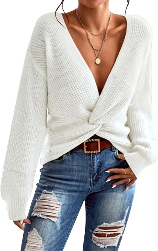 Pink Queen Women's 2023 Casual Pullover Sweaters Sexy V Neck Long Sleeve Twist Knot Cropped Knit ... | Amazon (US)