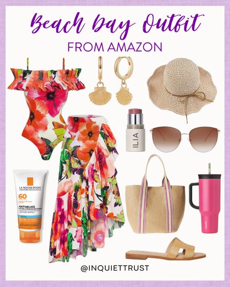 Fun and colorful beach outfit idea for your vacation trips this Spring and Summer! Here's a floral one piece swimsuit and cover-up, a straw handbag, cute slides and more.
#capsulewardobe #springfashion #resortwear #vacationlook

#LTKSwim #LTKSeasonal #LTKItBag