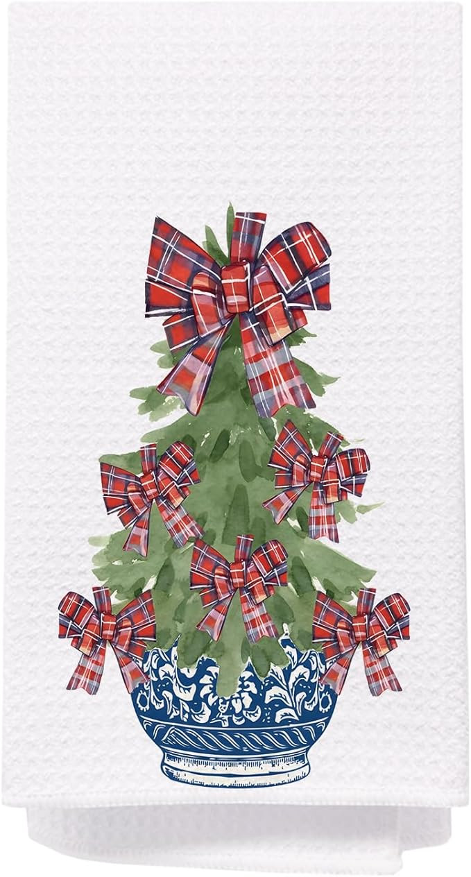 SPBL&L Christmas Kitchen Towels, Chinoiserie Christmas Red Tartan Plaid Bow Tree Decorative Hand ... | Amazon (US)