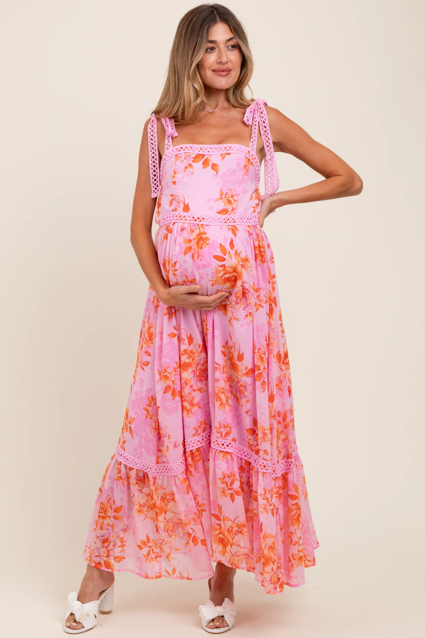 Pink Floral Shoulder Tie Tiered Maternity Maxi Dress | PinkBlush Maternity