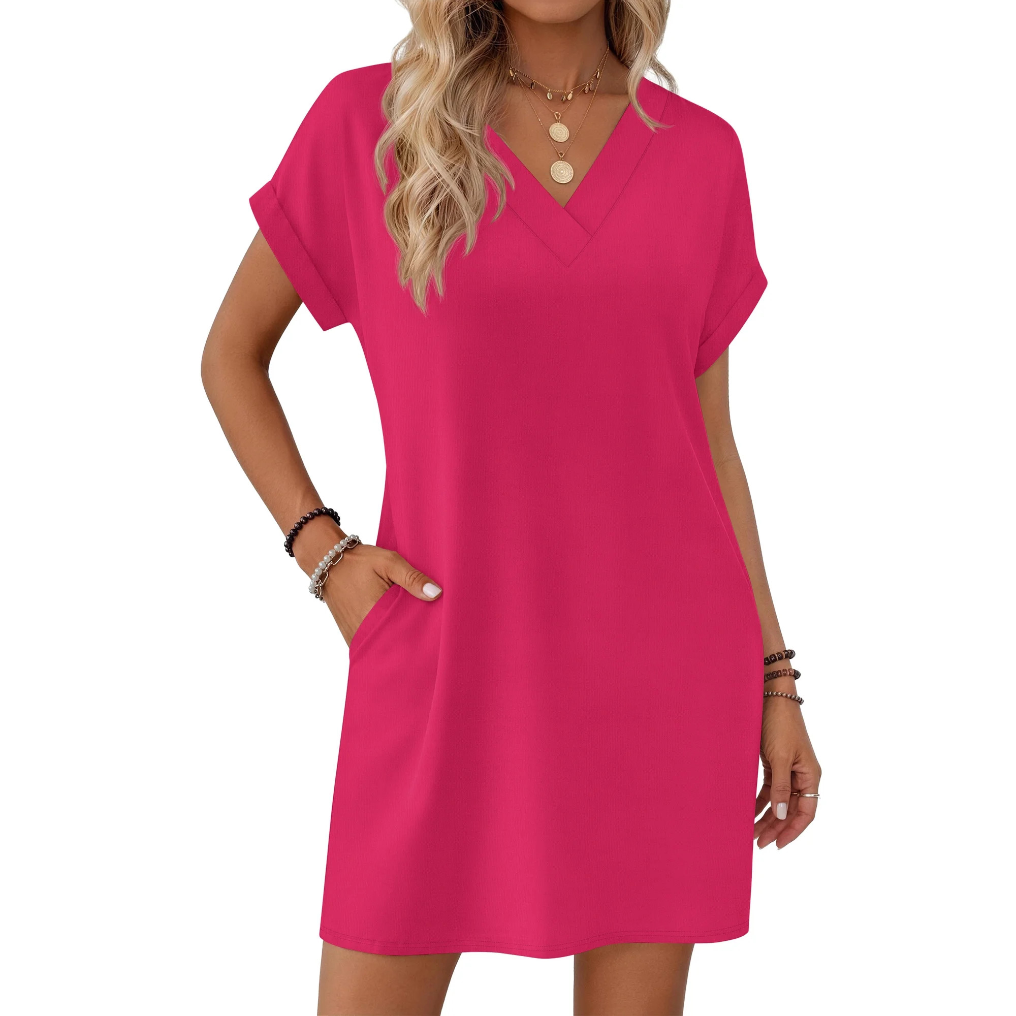 MOSHU Summer Dresses for women V Neck Womens Dresses Short Sleeve Casual Midi Dress with Pockets | Walmart (US)