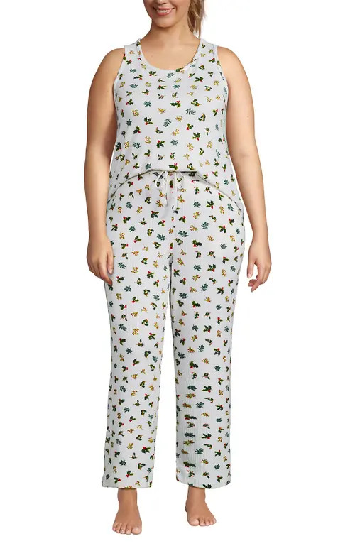 Lands' End Brushed Cozy Waffle Jersey 3 Piece Pajama Set - Tank Top Pant and Robe in Ivory Holly at Nordstrom, Size 2X | Nordstrom