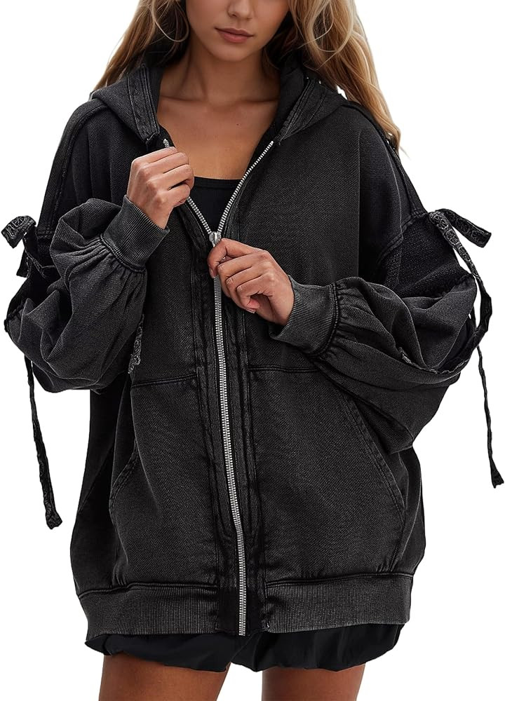 OLAPTA Zip Up Hoodies Women Oversized Bow Tie Long Sleeve Teens Sweatshirts Casual Fall Winter Ho... | Amazon (US)