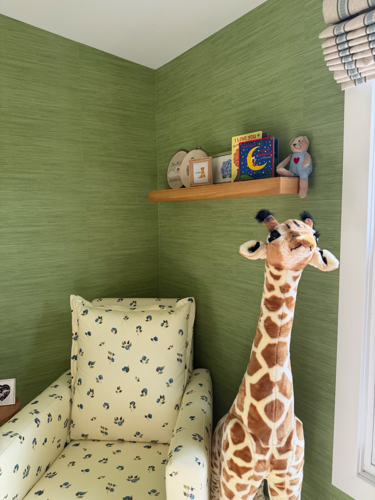 [9/21/26] details from baby Bobby’s nursery🦒✨🤍

• Roman shades are from Pepper home - Margot Fern without tassel trim included
• Nursery glider is from Nestig (The Drift Glider Recliner Nestig x Zoë Feldman) in blue mini meadow, unfortunately not linkable! We have another nursery glider in our master bedroom from @oilostudio, linking that as well! 
• Crib is from Nestig as well (The wave crib in natural wood) linking similar options! 
• Carpet is custom from Home Depot linking exact
• Drawer and changing table is from pottery barn (Fillmore 8-Drawer Changing Table in seadrift and natural cane) paired with Keekaroo Peanut changer
• Floor lamp is a few seasons ago from Anthropologie, linking similar! 
• Hanging lamp came with the house, but found the same (if not very similar!) on crate and barrel kids

#LTKBaby #LTKBump #LTKmomlife