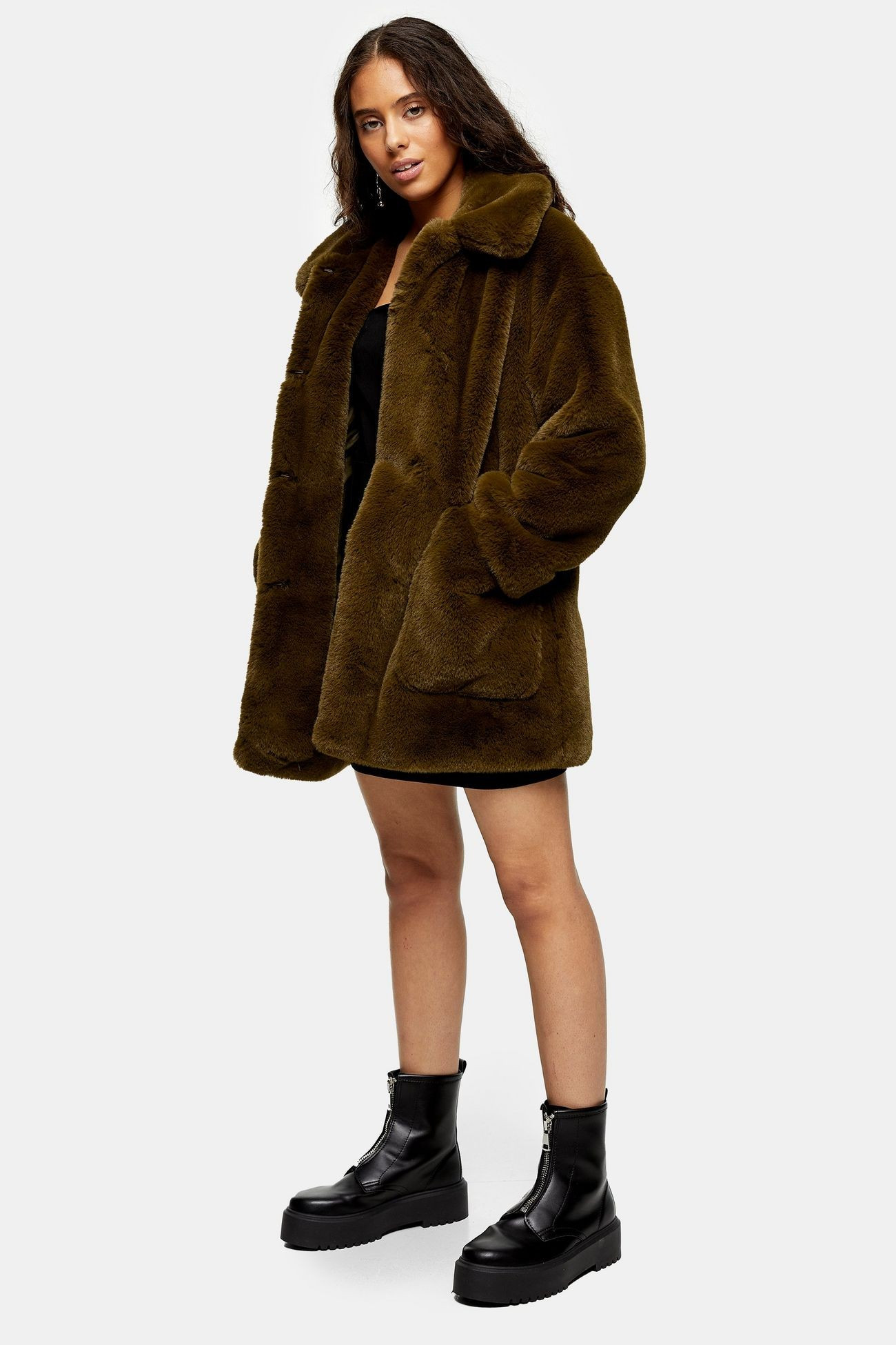 PETITE Khaki Velvet Faux Fur Jacket | Topshop US