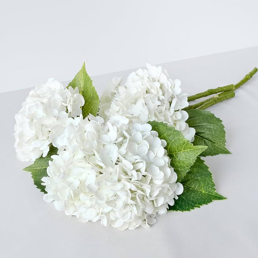 3 PCS White Artificial Hydrangea Silk Flowers 21'' Latex Real Touch Large Floral Head with Long S... | Amazon (US)