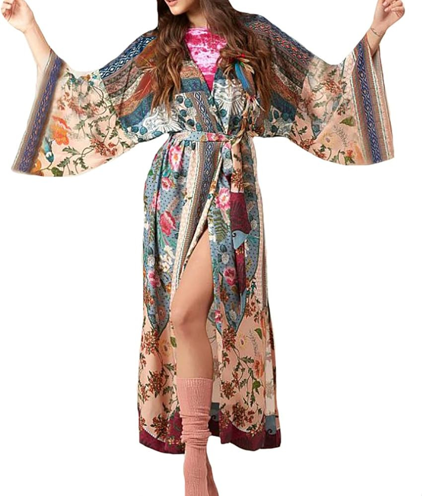 Bestyyou Women's Printed Kimono Cardigan with Tie Long Robe Dress Belted Bikini Swimsuit Cover Up... | Amazon (US)