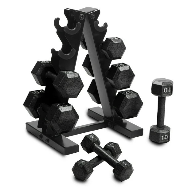 Cap Barbell 100 lb Cast Iron Hex Dumbbell Weight Set with Rack, Black | Walmart (US)