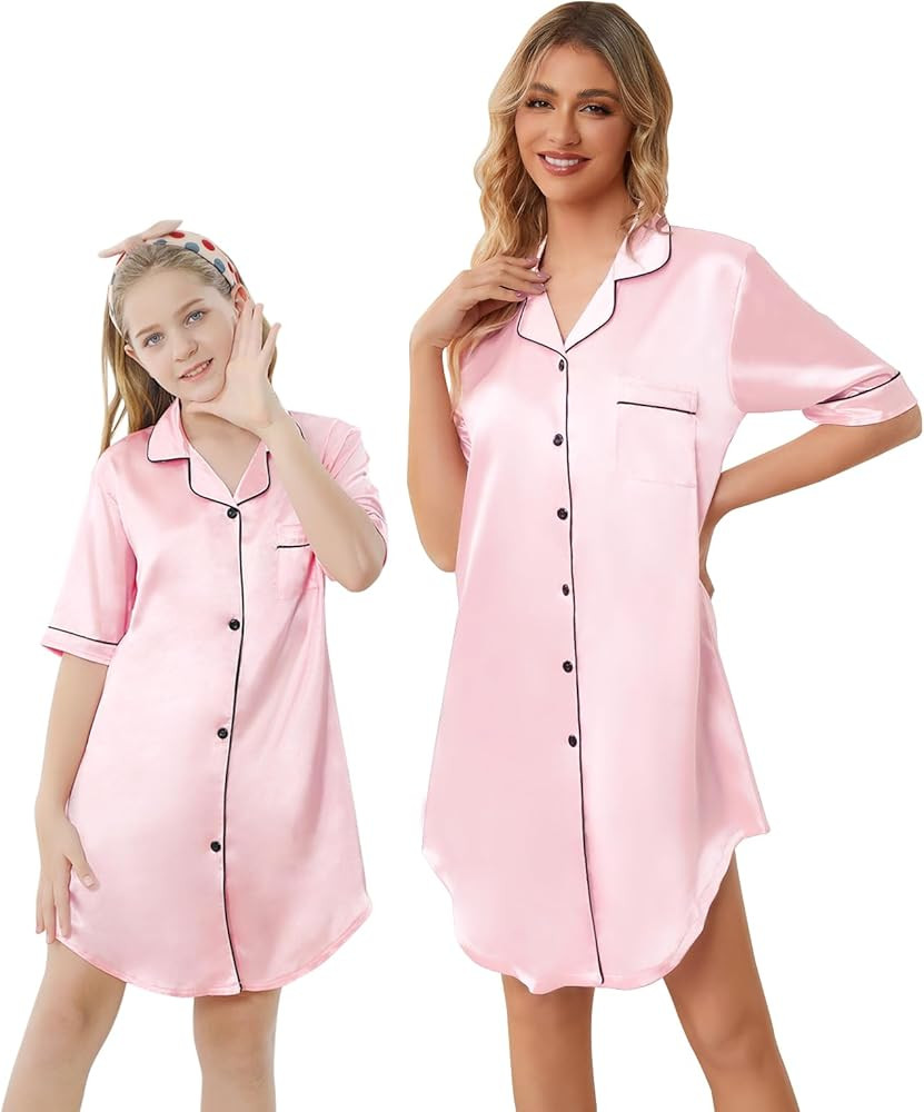Schbbbta Girls & Women Silk Nightgown, Short Sleeve Button Down Satin Nightshirt Pajama House Dre... | Amazon (US)