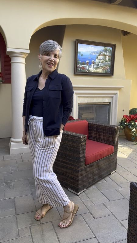 Casual chic look with a navy jacket over a navy tee. Add striped linen pants and nude flat sandals. Lastly silver jewelry to complete the look. #styleagram 
#stylebook
#stylebible
#stylefashion
#outfitshot
#styleaddict
#jcrewfactory 
#nordstrom
#macysstylecrew
#talbotsofficial 
#jjillstyle
#getreadywithme 
#styletips
#grwm
#styleblogger
#springfashion
#casualandchic 
#ltkover40
#ltkover50
#ltkspring
#ltkshoecrush

#LTKSeasonal #LTKVideo #LTKstyletip