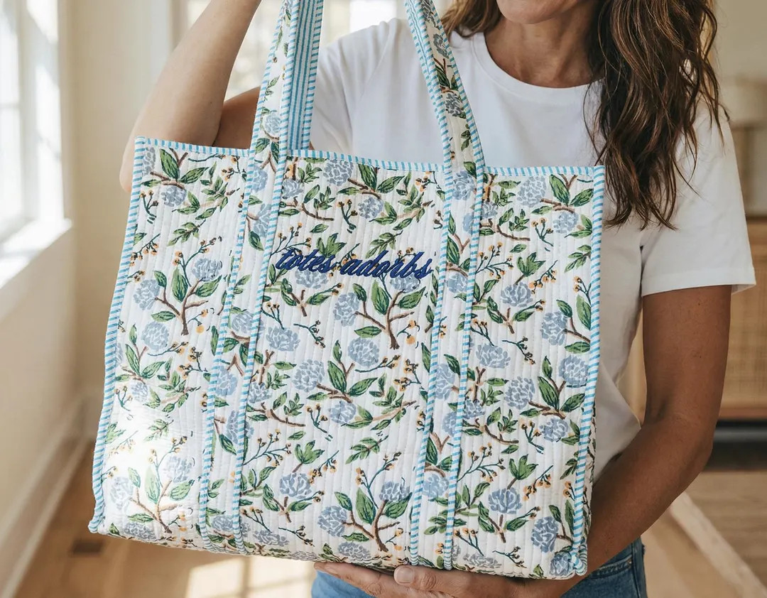 Embroidered Cotton Quilted Bag, Block Print Tote for Women, Boho Travel Bag, Handmade Shoulder Pu... | Etsy (US)