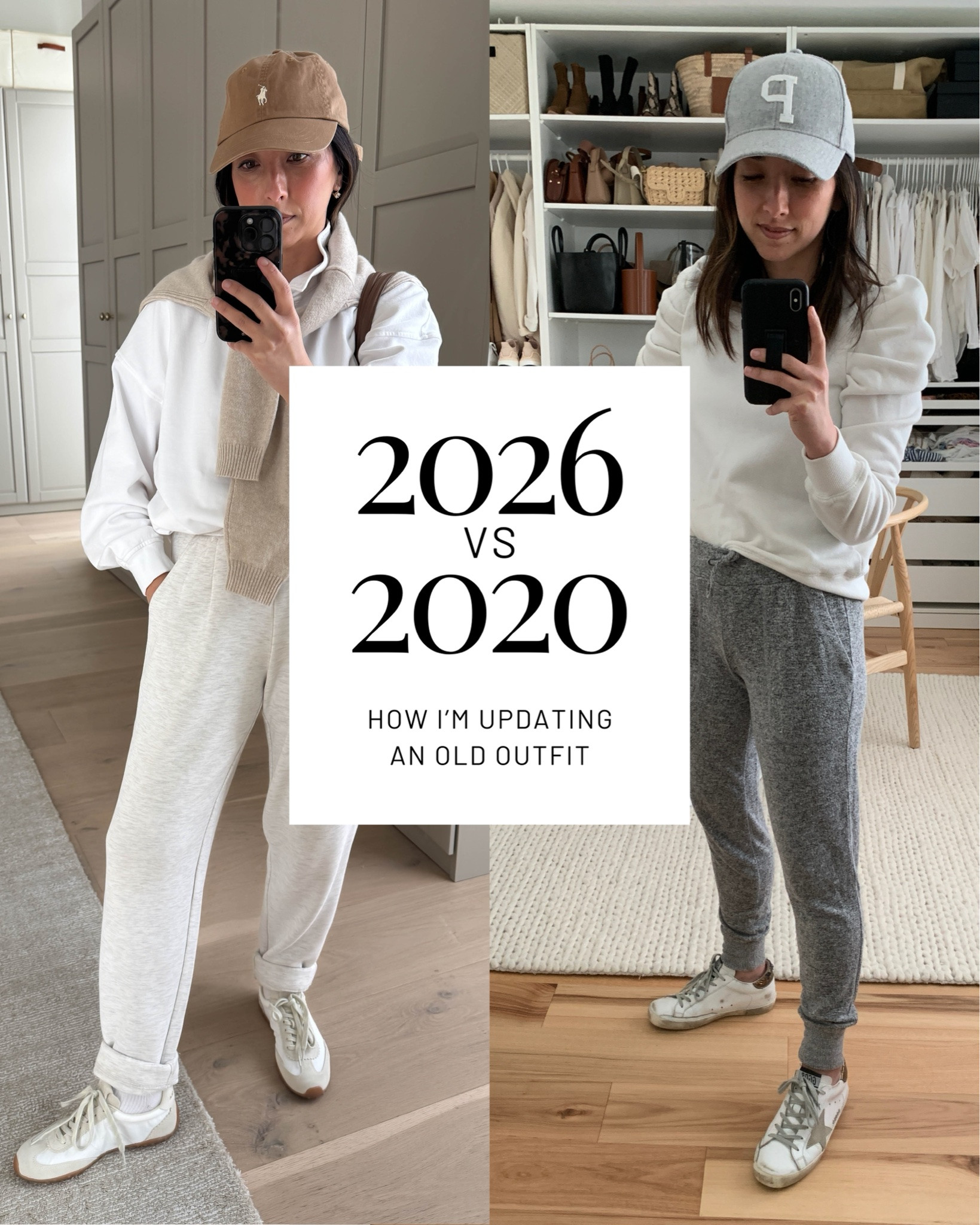 I still love the essence of the 2020 outfit, but the updated version feels more relaxed, timeless, and intentional. Proof that small styling shifts really do change everything.

Updated outfit details:
Gap polo sweatshirt small - I could size down to an xs.
J.crew cashmere sweater xs
Varley rolled cuff pants xs 25" inseam
Bimba y Lola sneakers 5
Polo hat - color is old, linked similar.
Mansur Gavriel tote - color is old
Electric Picks earrings

#LTKPetite #LTKmomlife