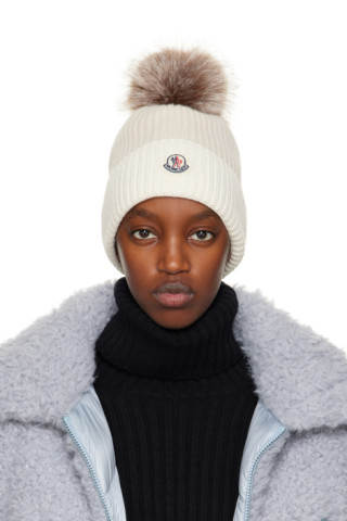 Moncler - Taupe & Off-White Pom-Pom Beanie | SSENSE