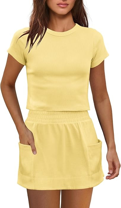 Nirovien Womens 2 Piece Skirt Sets Two Piece Workout Sets Summer Beach Vacation Outfits Short Sle... | Amazon (US)