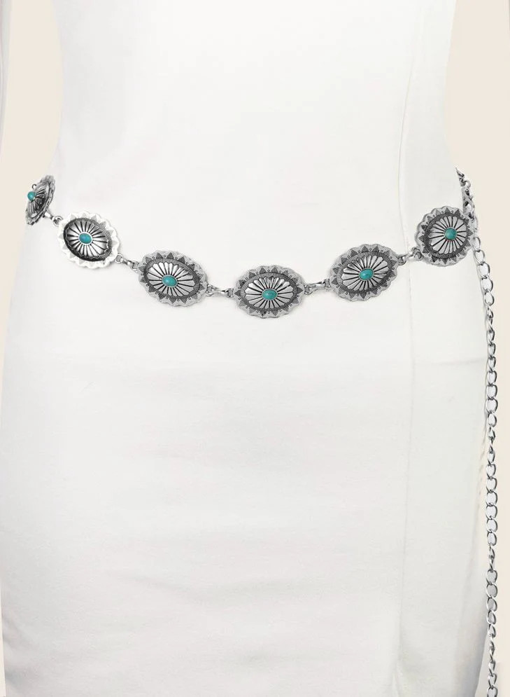 Wild West Silver & Turquoise Chain Belt | Boho Pink