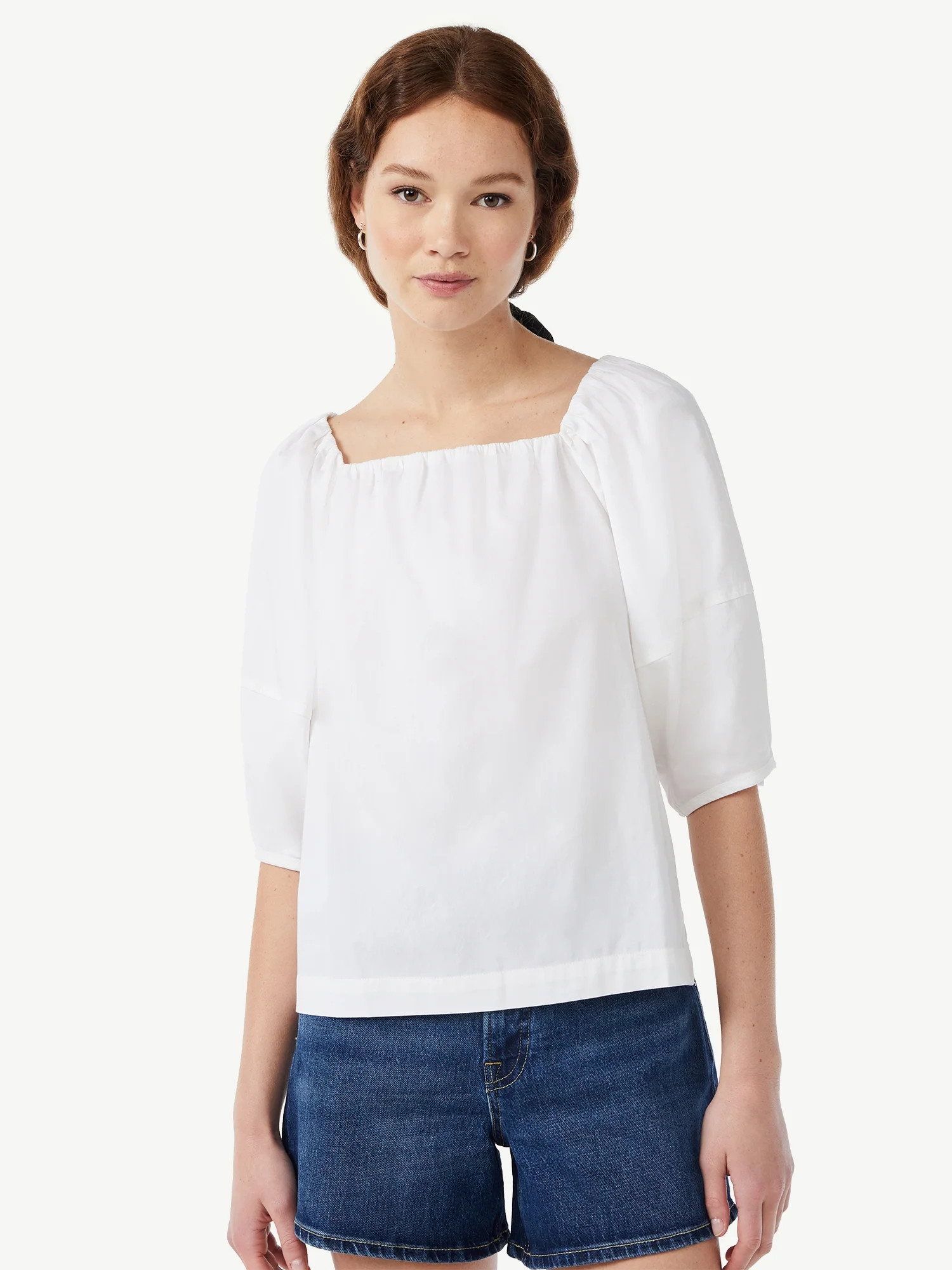 Free Assembly Women's Square Neck Top with Blouson Sleeves - Walmart.com | Walmart (US)