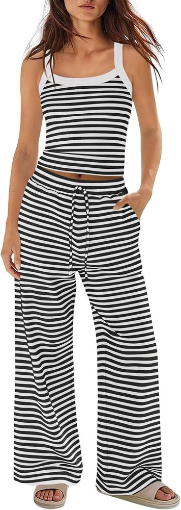 Panadila Womens Two Piece Sets Summer Striped Lounge Set Spaghetti Strap Tank Top Drawstring Pant... | Amazon (US)