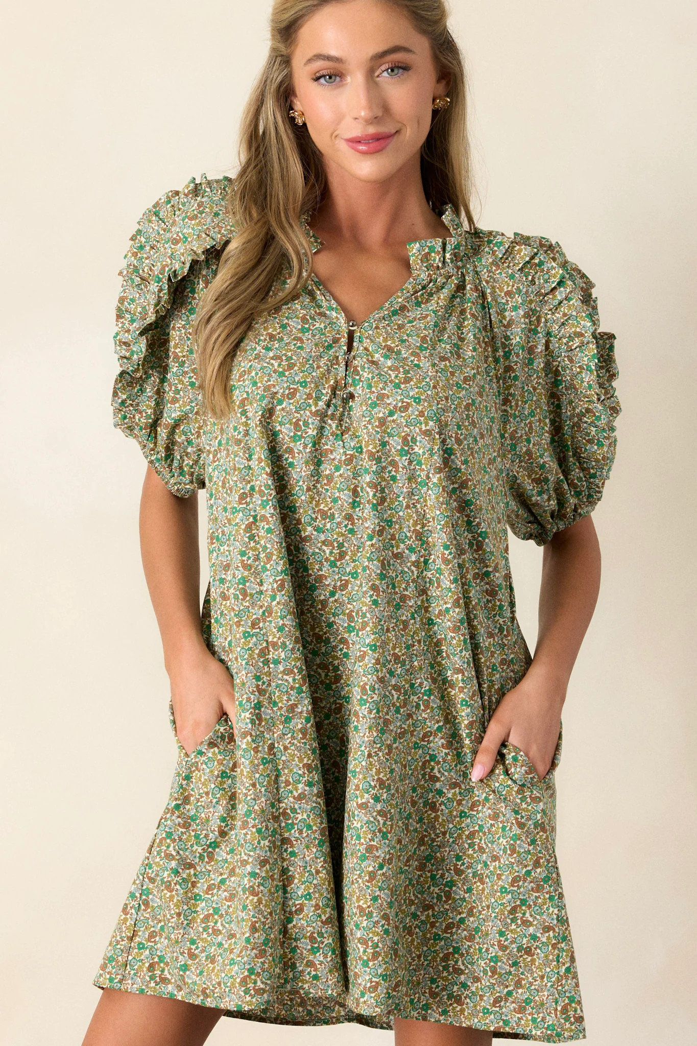 Can't Replace You Green 100% Cotton Puff Sleeve Mini Dress | Red Dress