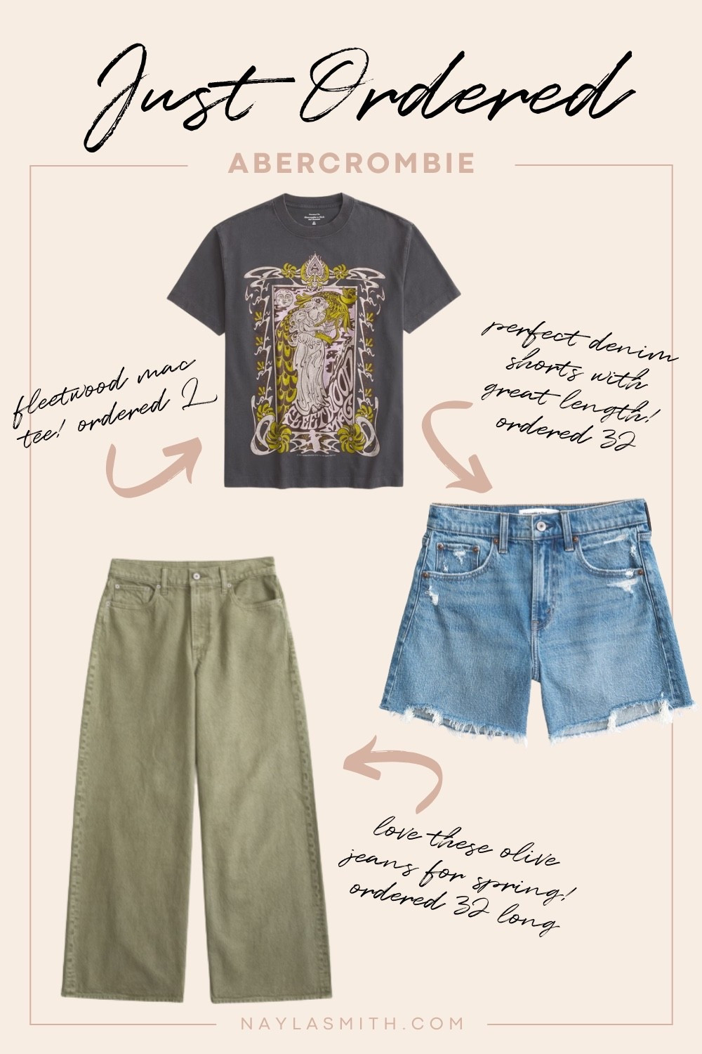 Abercrombie spring order! Code AFLTK for 25% off! Olive green wide leg jeans, denim shorts, Fleetwood Mac graphic tee

#LTKsale #LTKjeans #LTKmidsize