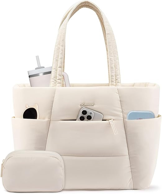 LOVEVOOK Puffer Tote Bag with 40oz Cup Holder, Large Work Tote Laptop Bag for Nurse Teacher, Shou... | Amazon (US)