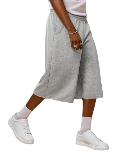 SolegaLume Men’s Baggy Sweat Shorts Under the Knee, Raw Hem Casual Gym Y2K Loose Fit Shorts with Drawstring Waist Grey | Amazon (US)
