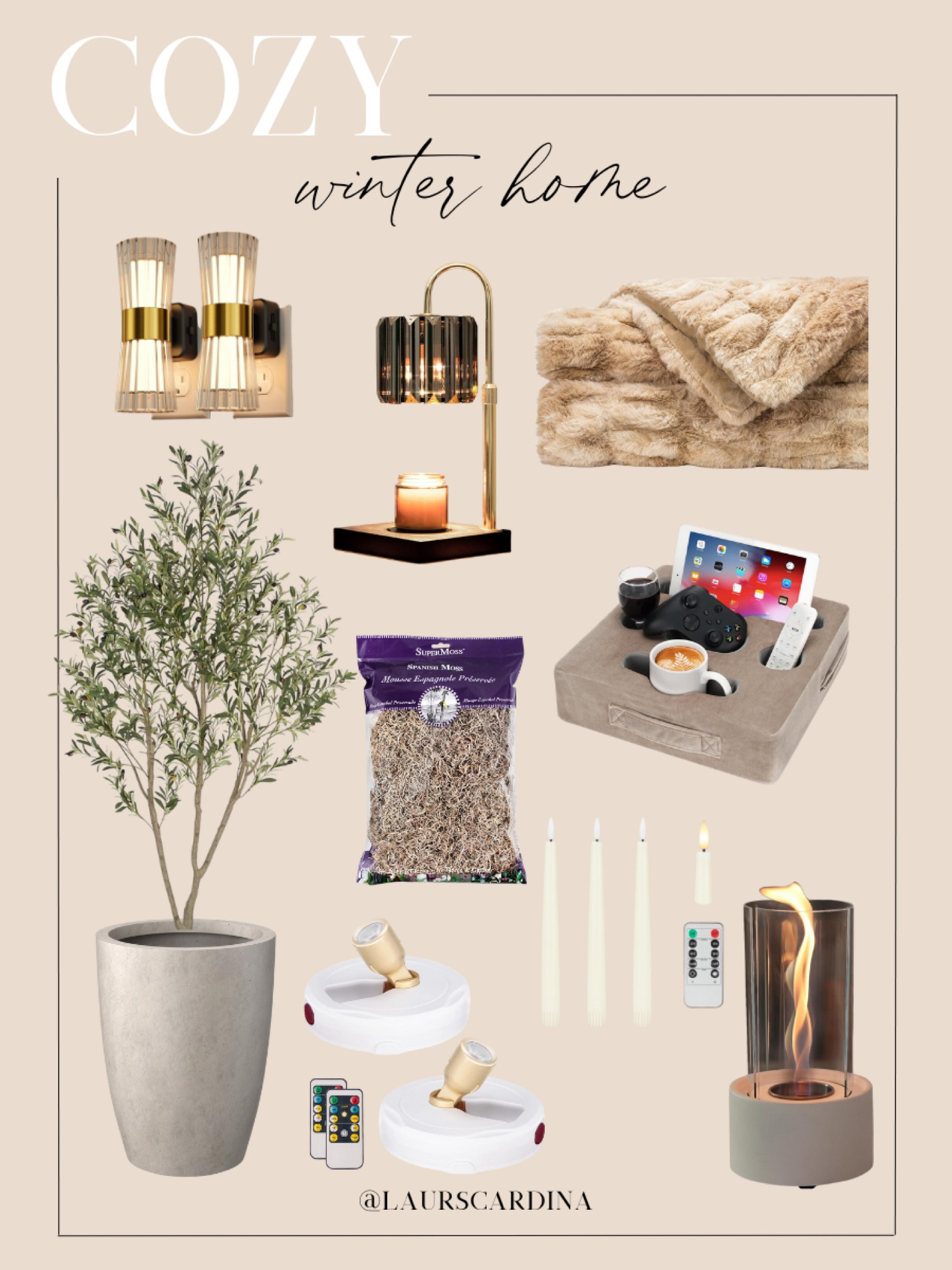 Cozy winter home picks include plug in night lights, a candle warmer, a cozy faux fur blanket, a faux olive tree and pot, moss, a couch caddy, spotlights, flameless taper candles, and a tabletop fire pit.

Cozy home decor, home styling, living room decor, winter decor, amazon home

#LTKStyleTip #LTKHome #LTKFindsUnder50