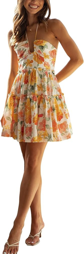 Women's Halter Deep V Neck Mini Dress Sleeveless Smocked Tiered Swing A Line Dress Backless Short... | Amazon (US)