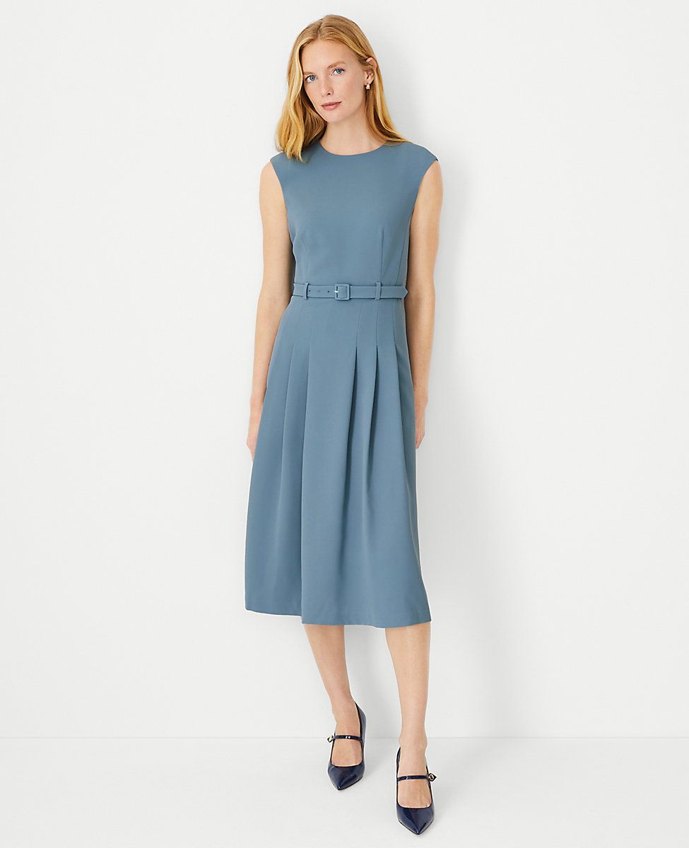 The Pleated Belted Crew Neck Dress in Fluid Crepe | Ann Taylor (US)
