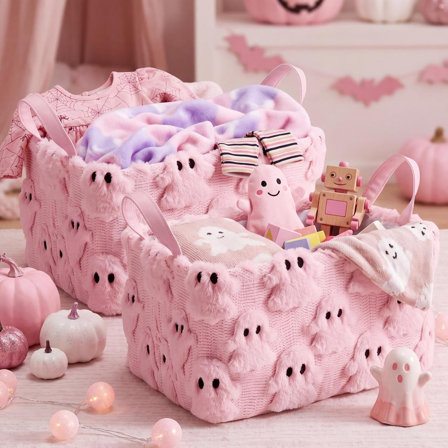 2 Halloween Ghost Storage Basket with Handle, Pink Ghost Decor | Amazon (US)