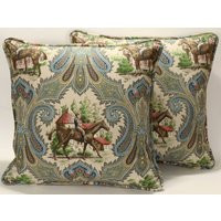 Set Of 2 20"" Horse Throw Pillow Covers, Equestrian Country Scene Blue Green Tan Paisley Farmhouse, Horseback Riding | Etsy (US)
