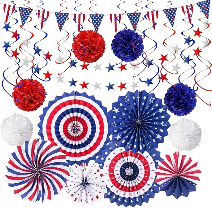 4th of July Patriotic Party Decorations 27 PCS Set, 6 Paper Fan, 6 Flower Ball, 1 USA Flag Pennan... | Amazon (US)