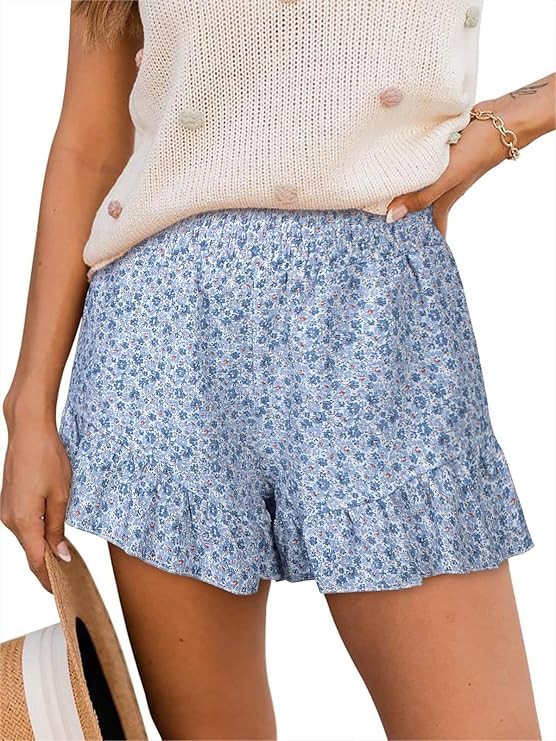 NIMIN High Waisted Smocked Shorts for Women Floral Print Casual Summer Ruffled Hem Beach Shorts w... | Amazon (US)
