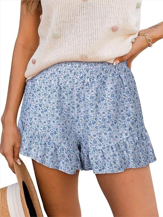 NIMIN High Waisted Smocked Shorts for Women Floral Print Casual Summer Ruffled Hem Beach Shorts w... | Amazon (US)