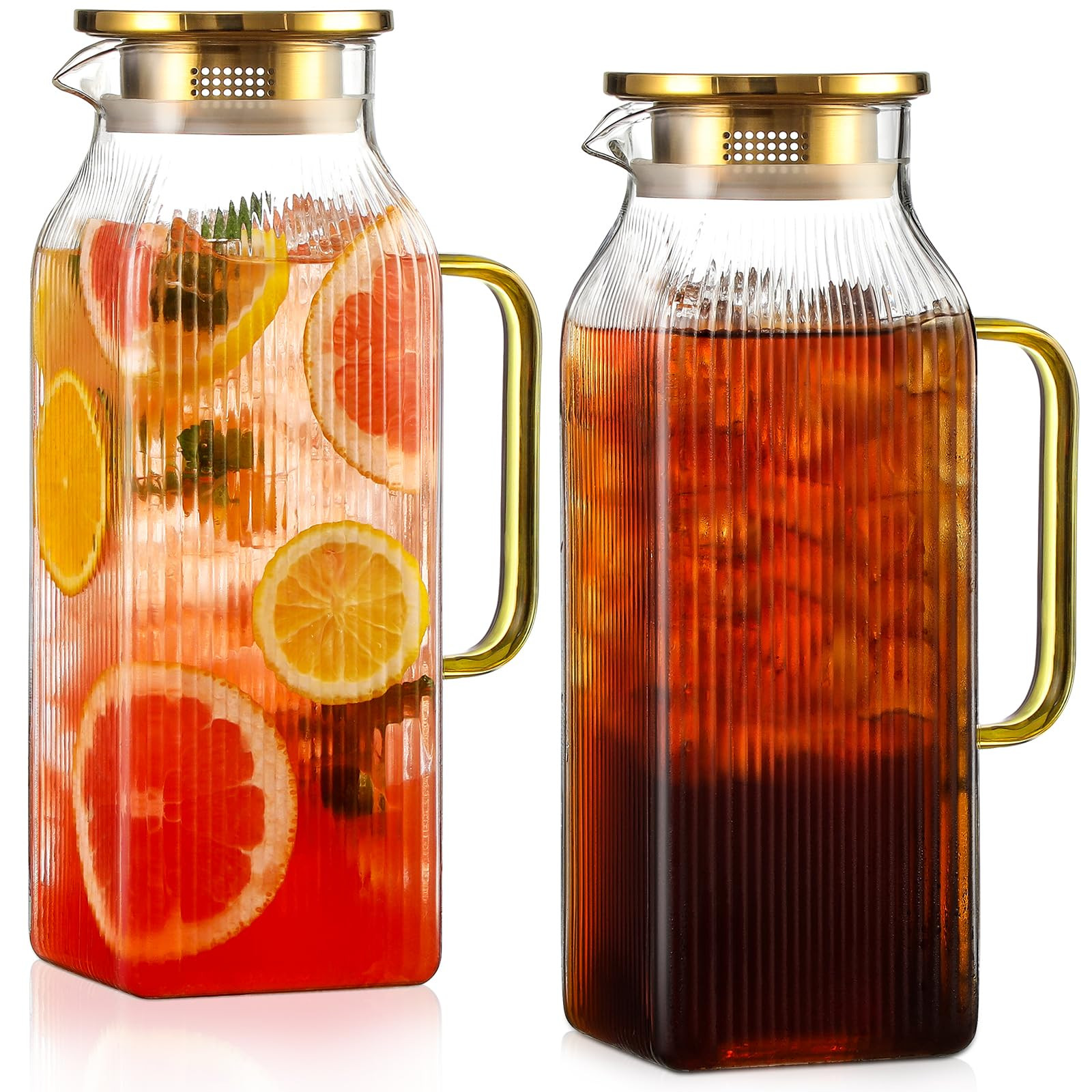 2 Pack 2 Liter/68 oz Square Glass Pitcher with Lid, Classic Stripes Water Pitchers with Handle fo... | Amazon (US)