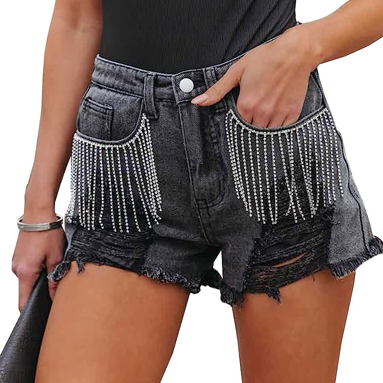 Women Mid Rise Ripped Stretchy Jeans Frayed Raw Hem Casual Tassels Denim Shorts | Amazon (US)