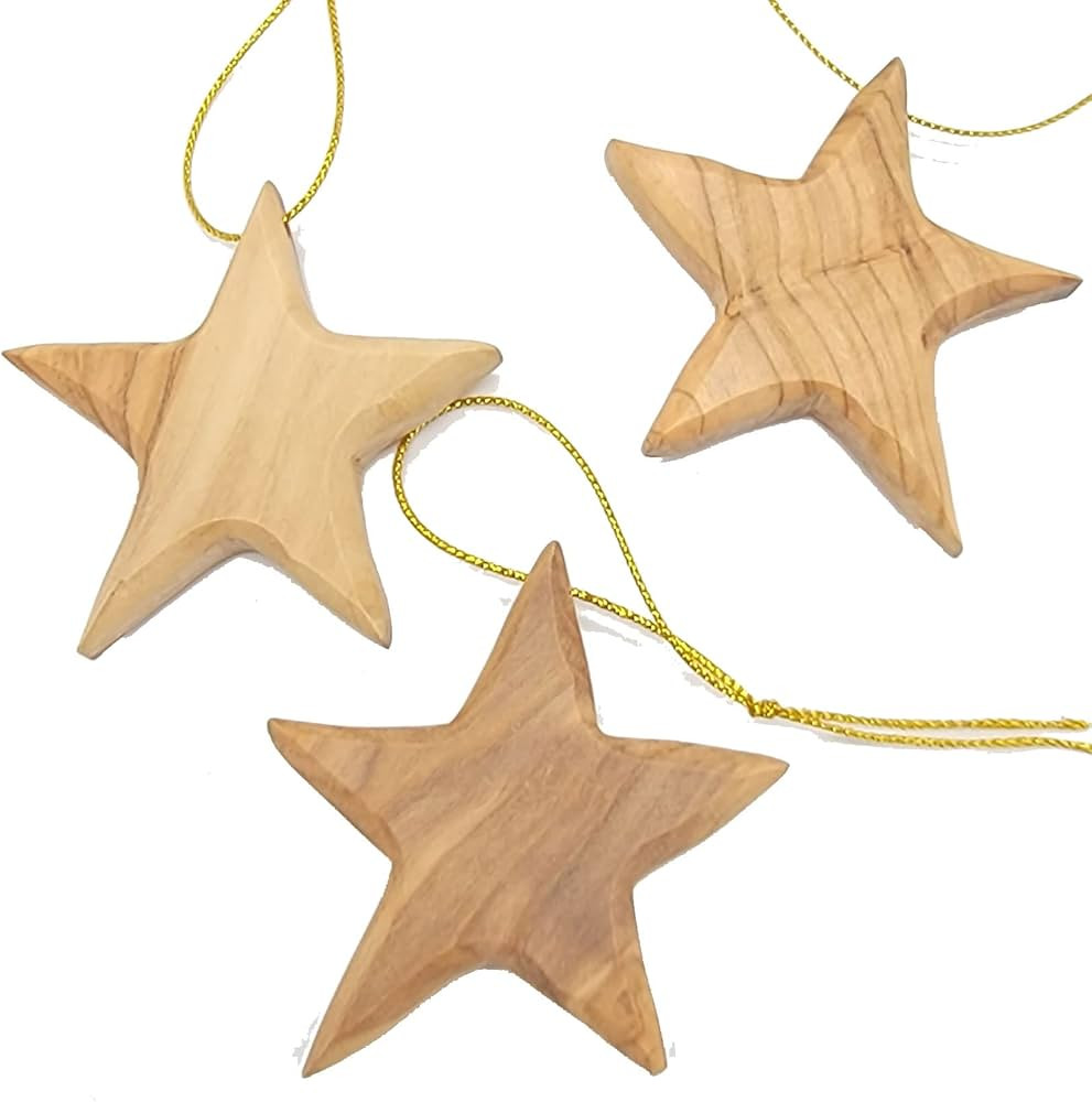 Handcrafted Olive Wood Star Ornaments for Christmas - Set of 3 Artisanal 2.56" x 2.76" Tree Decor... | Amazon (US)