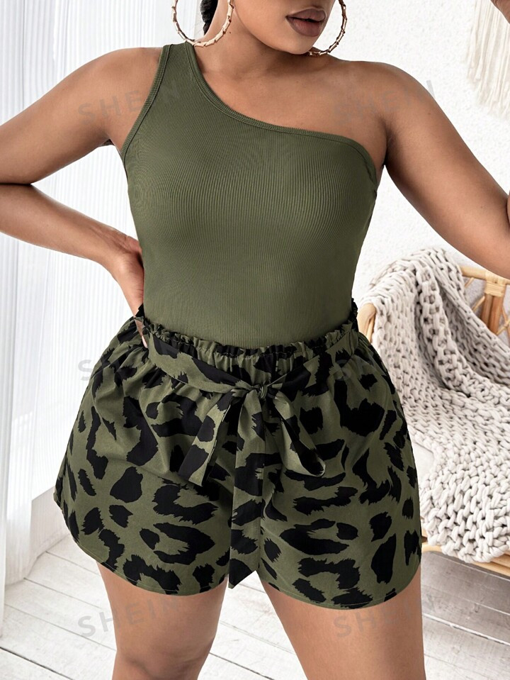 SHEIN SXY Plus One Shoulder Top & Leopard Print Paperbag Waist Belted Shorts | SHEIN