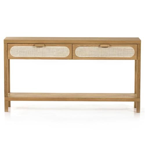 Allie Coastal Light Brown Oak Wood Natural Woven Cane Console Table | Kathy Kuo Home