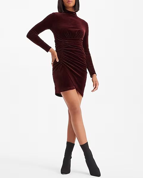 Velvet Body Contour Mock Neck Ruched Mini Dress | Express
