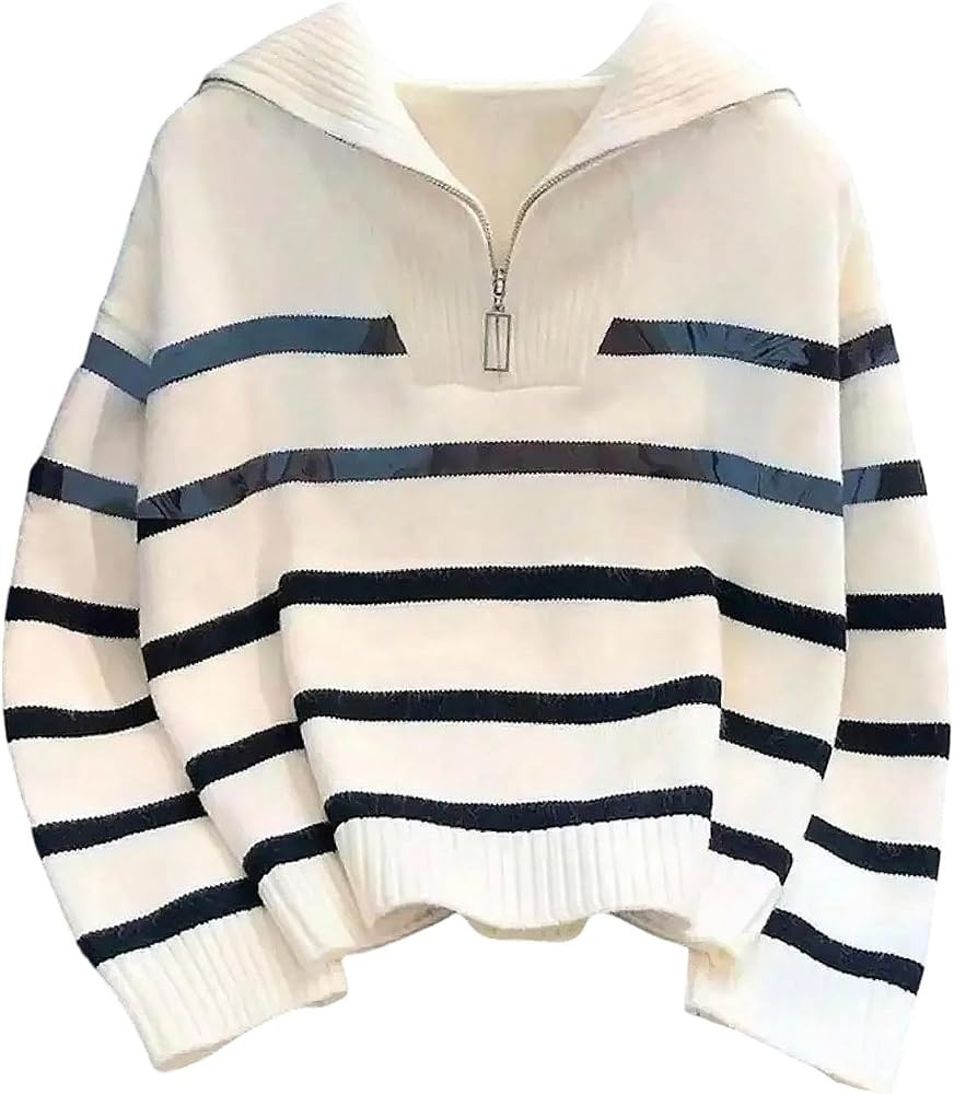 SOLY HUX Women's Striped Long Sleeve Sweater Quarter Zip Drop Shoulder Pullover Tops Preppy Cloth... | Amazon (US)