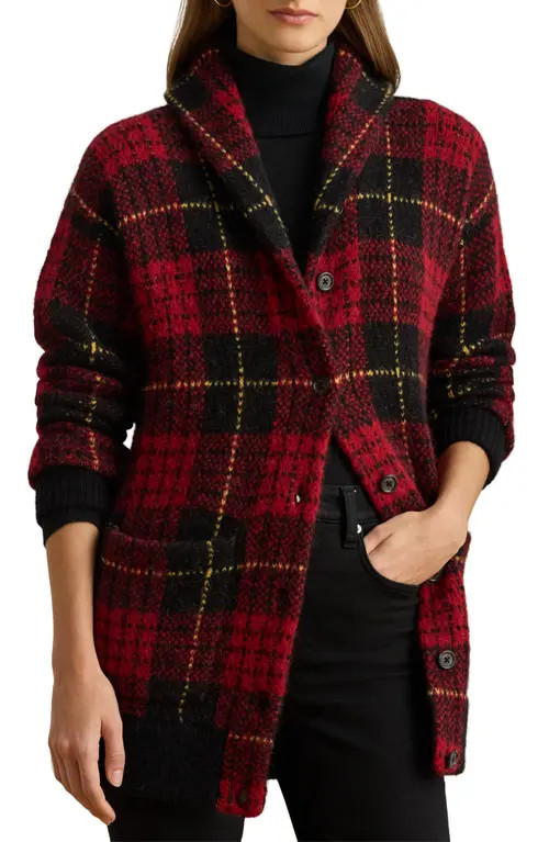 Lauren Ralph Lauren Plaid Shawl Collar Cardigan in Black/Red Multi at Nordstrom, Size Small | Nordstrom