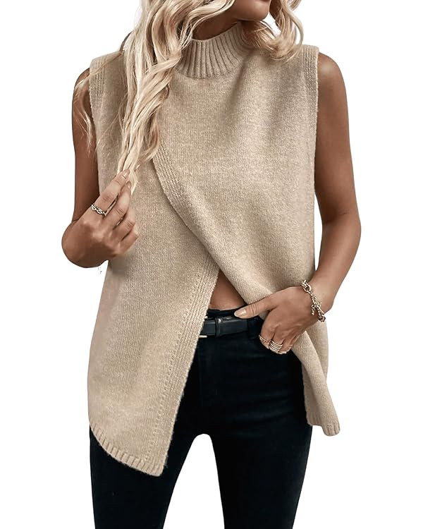 Verdusa Women's Mock Neck Sleeveless Split Wrap Sweater Vest Pullovers | Amazon (US)