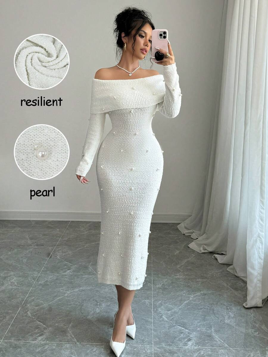 SHEIN Raffinéa New Off Shoulder Beaded Solid Color Casual Sexy Elegant Knitted Sweater Dress For... | SHEIN