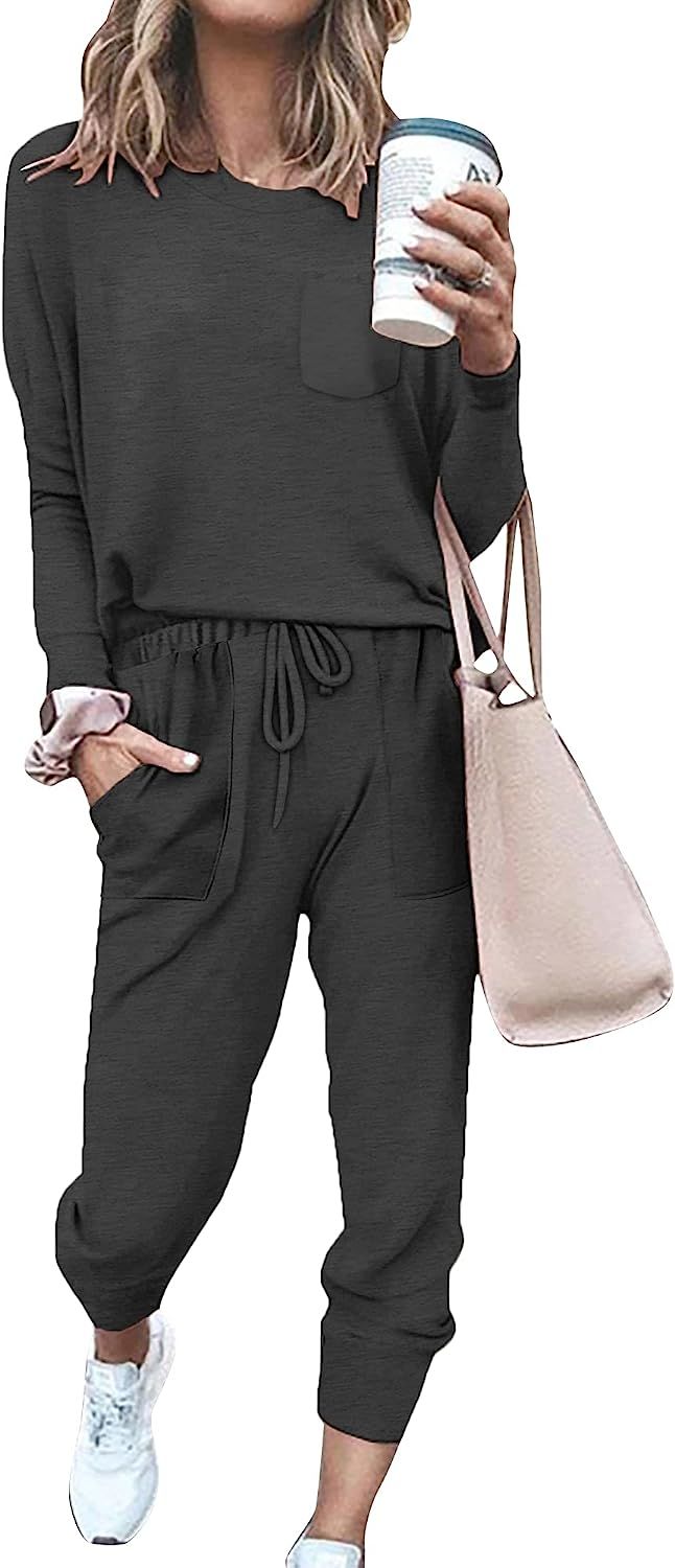 Amazon.com: Sweatsuits for Women Set 2 Piece Fall Outfits Long Sleeve Tops Joggers Sets Black S :... | Amazon (US)