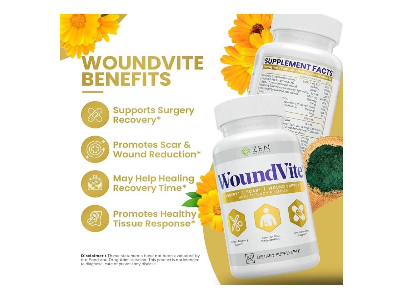 Beneficios principales:
•21-en-1 soporte para cicatrices y cirugía
•Soporte para recuperación postquirúrgica
•Optimización en la cicatrización de heridas
•Apoyo en la sanación de la piel y tejidos

📌 ¿Para qué se usa?

WoundVite está diseñado para ayudar en la recuperación después de:
	•Cirugías
	•Lesiones o heridas
	•Problemas de cicatrización lenta
	•Cicatrices visibles o internas

Es ideal para personas que están por someterse a procedimientos quirúrgicos o que quieren acelerar el proceso de sanación de la piel.