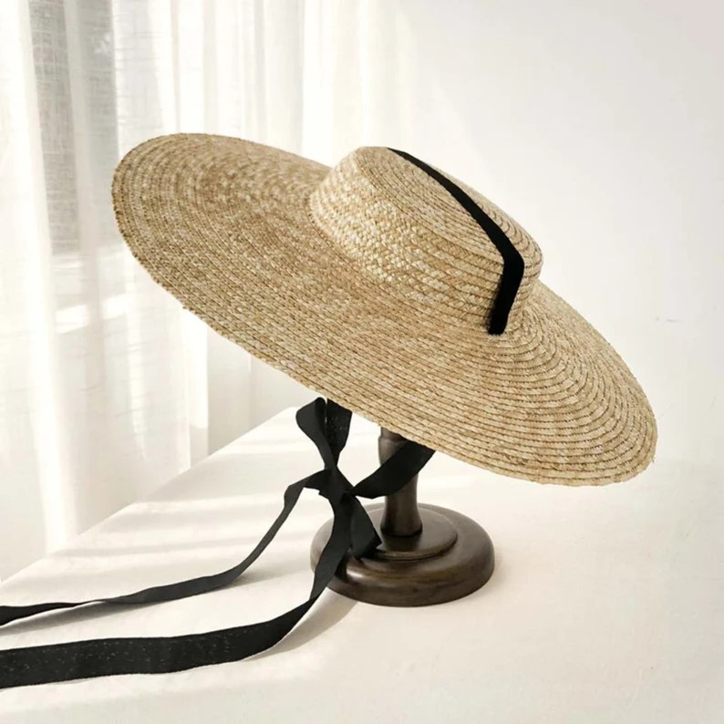 Women Handmade Wide Brim Boater Hat, 15cm 18cm Brim Straw Hat, Flat Women Summer With White Black... | Etsy (US)