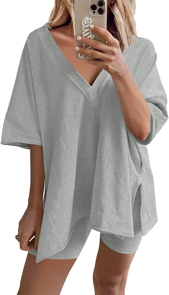 Ailoqing 2 Piece Outfits for Women Summer Oversized V Neck T Shirt Biker Short Sets Hot Shot Reversi | Amazon (US)